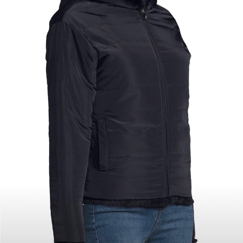 Reversible Navy Blue Rabbit Fur Hooded Jacket - Picture 3 of 6